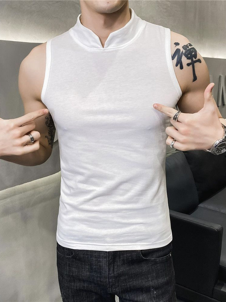 Mens Sleeveless Fake Collar Elastic Vest