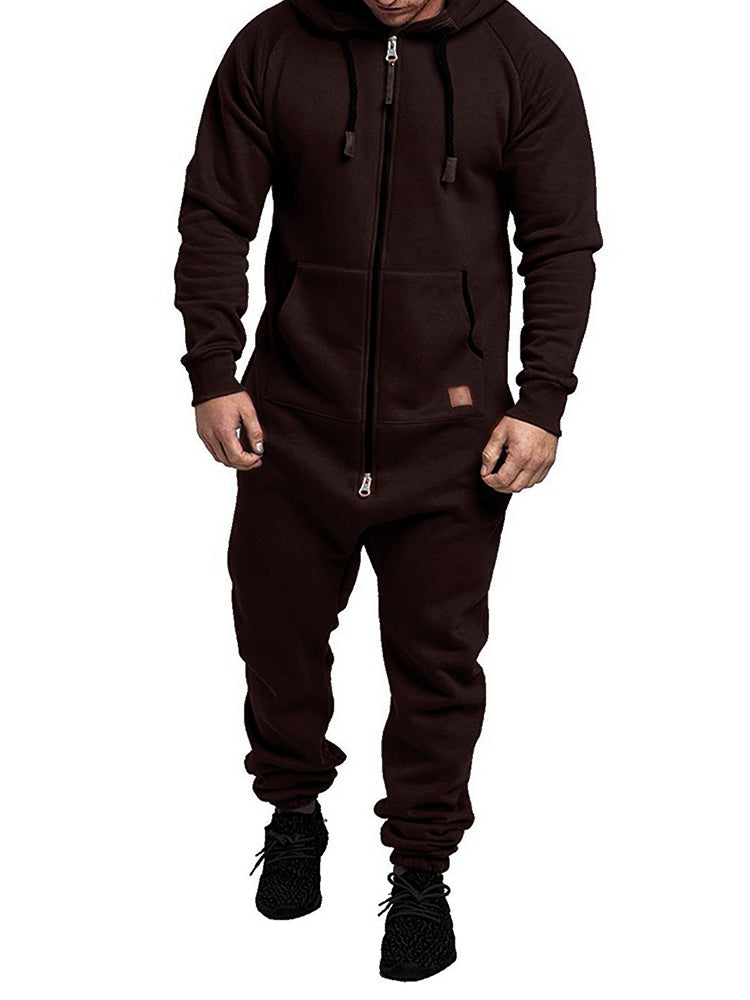 Comprar brown Mens Velvet Thickened Casual Hooded Jumpsuit