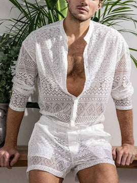 Buy white Mens Lace Shorts Shirt Two-Piece Set