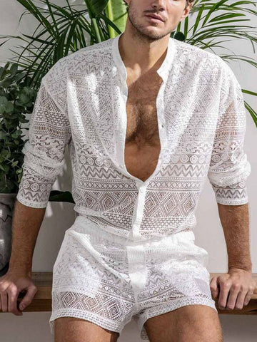 Buy white Mens Lace Shorts Shirt Two-Piece Set
