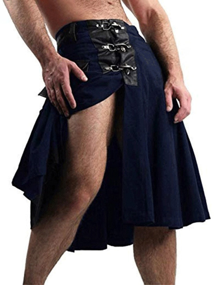 Buy royal-blue Mens Sexy Slit Punk Metal Buckle Kilt