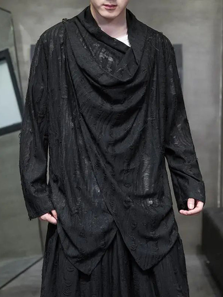 Comprar black Mens Chinese Style Distressed Hole Long-Sleeved Cloak