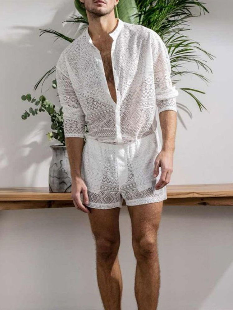 Mens Lace Shorts Shirt Two-Piece Set