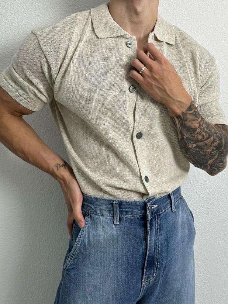 Mens Basic Simple Casual Short-Sleeve Knitted Shirt