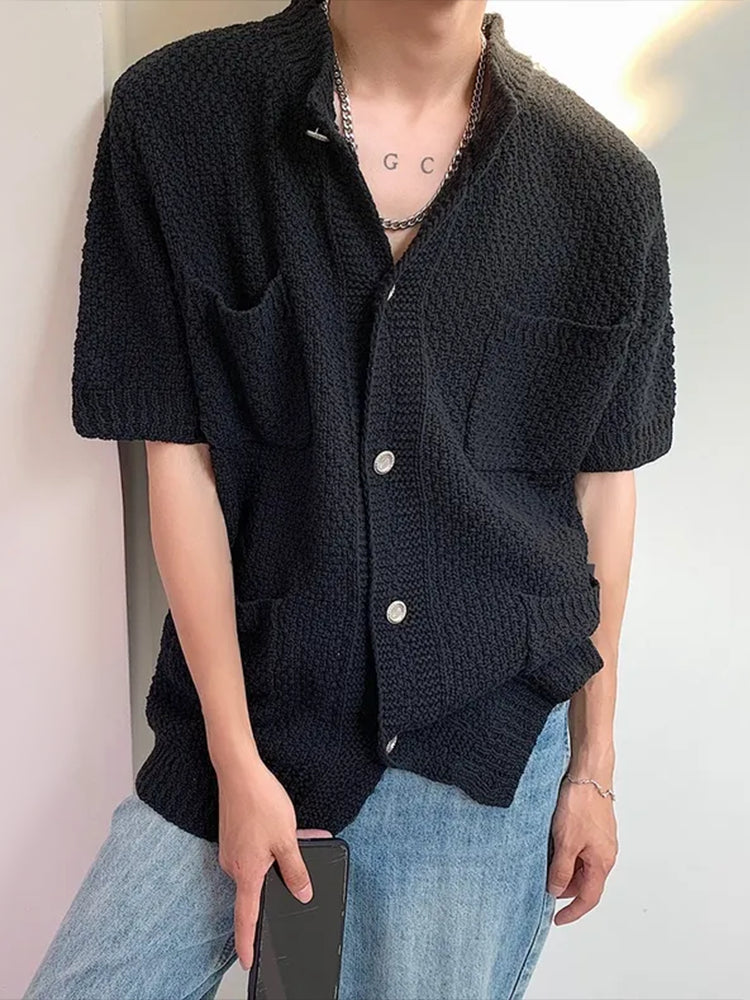 Mens Asexual Casual Solid Color Knitted Short Sleeved Shirt