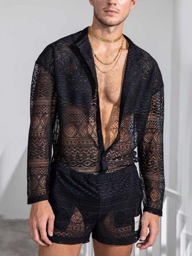 Comprar black Mens Lace Shorts Shirt Two-Piece Set