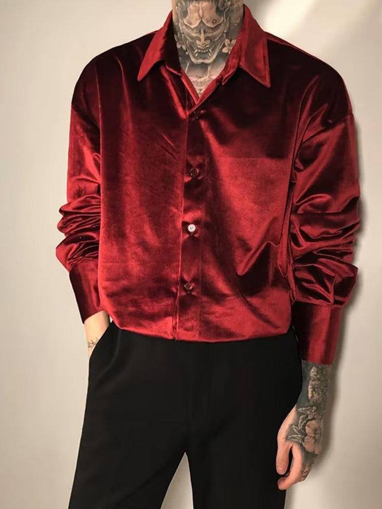 Comprar burgundy Mens Trendy Shiny Long-Sleeved Gold Velvet Shirt