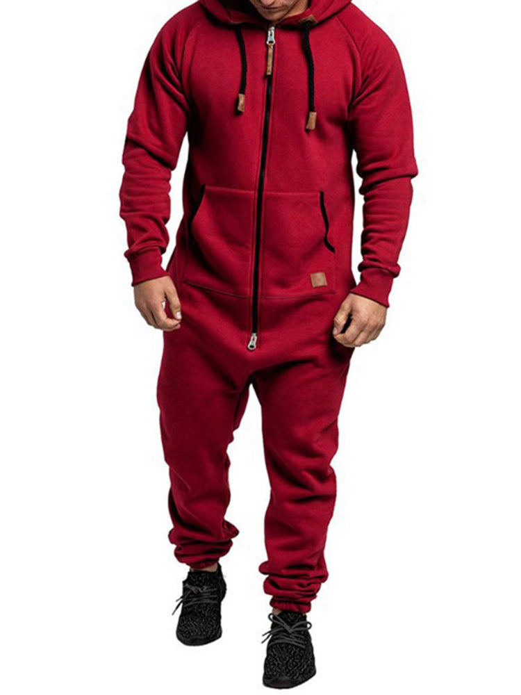 Comprar red Mens Velvet Thickened Casual Hooded Jumpsuit