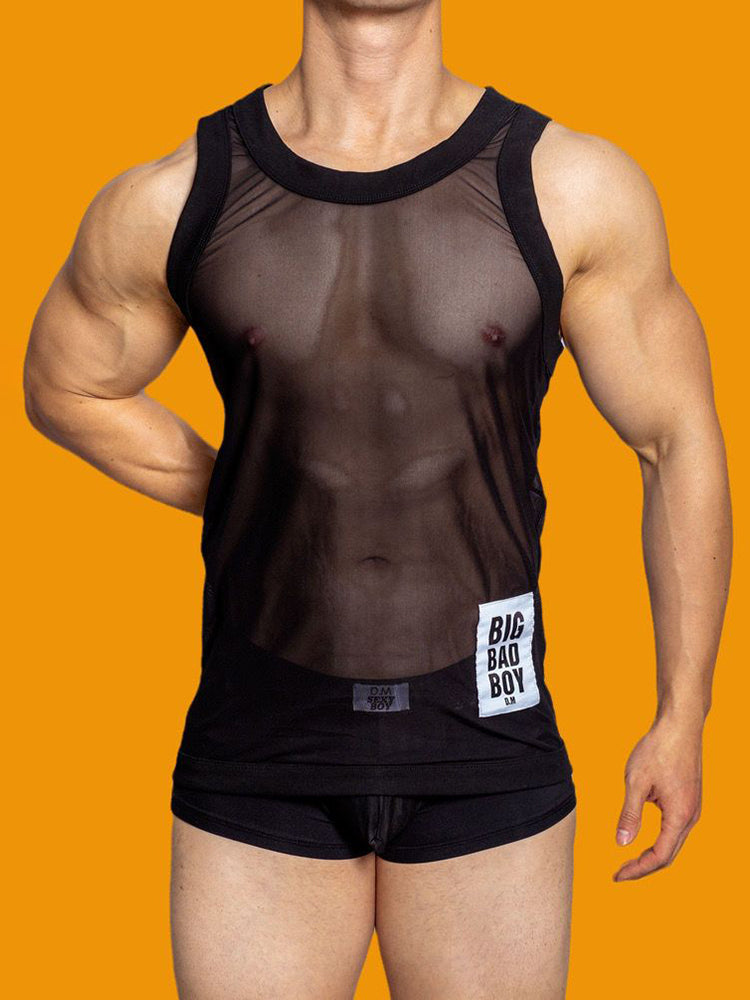 Mens Sexy See-through  Elastic Solid Color Vest