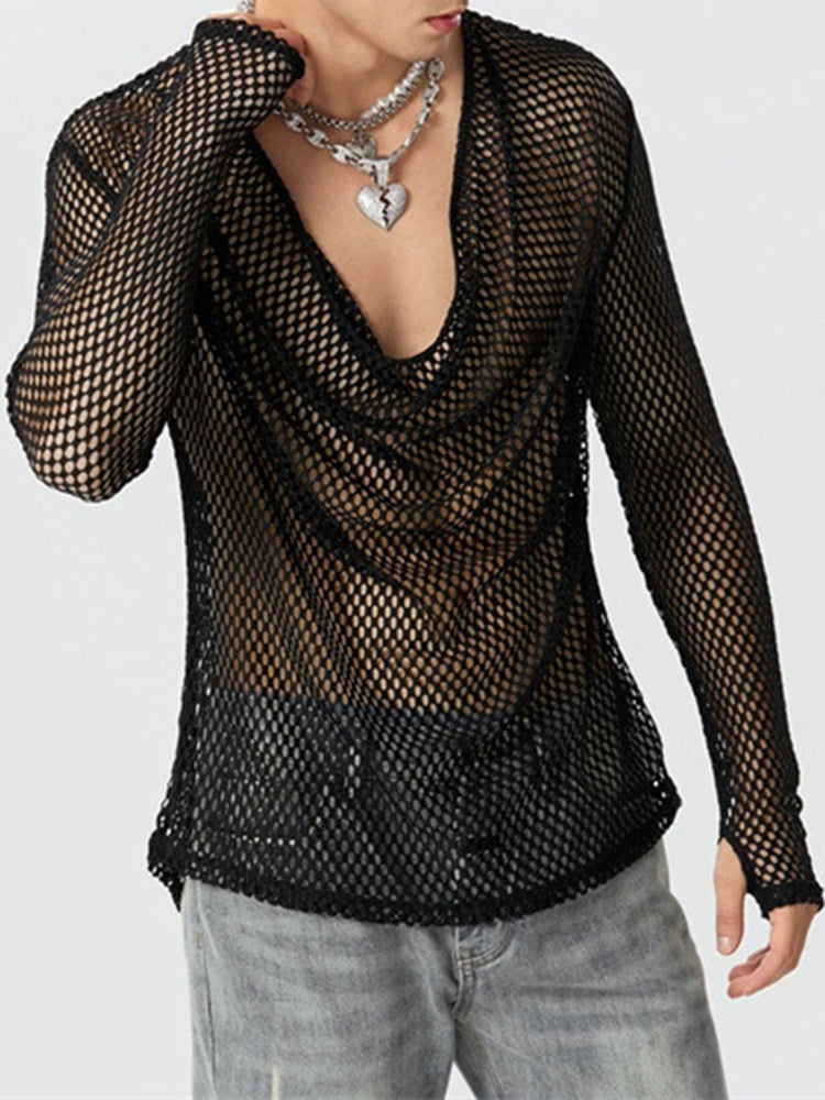 Mens Sexy See Through Mesh Long Sleeve Top