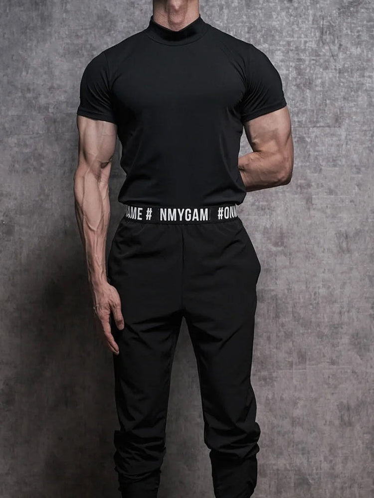 Mens Asexual Casual Solid Tight High Neck T-shirt