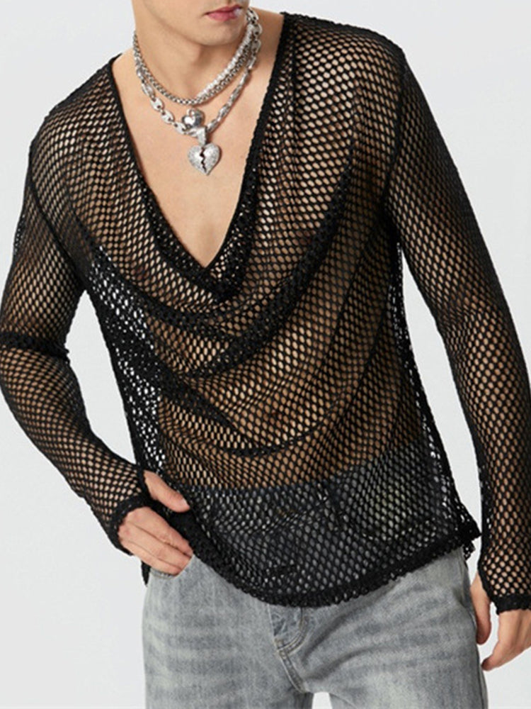 Mens Sexy See Through Mesh Long Sleeve Top