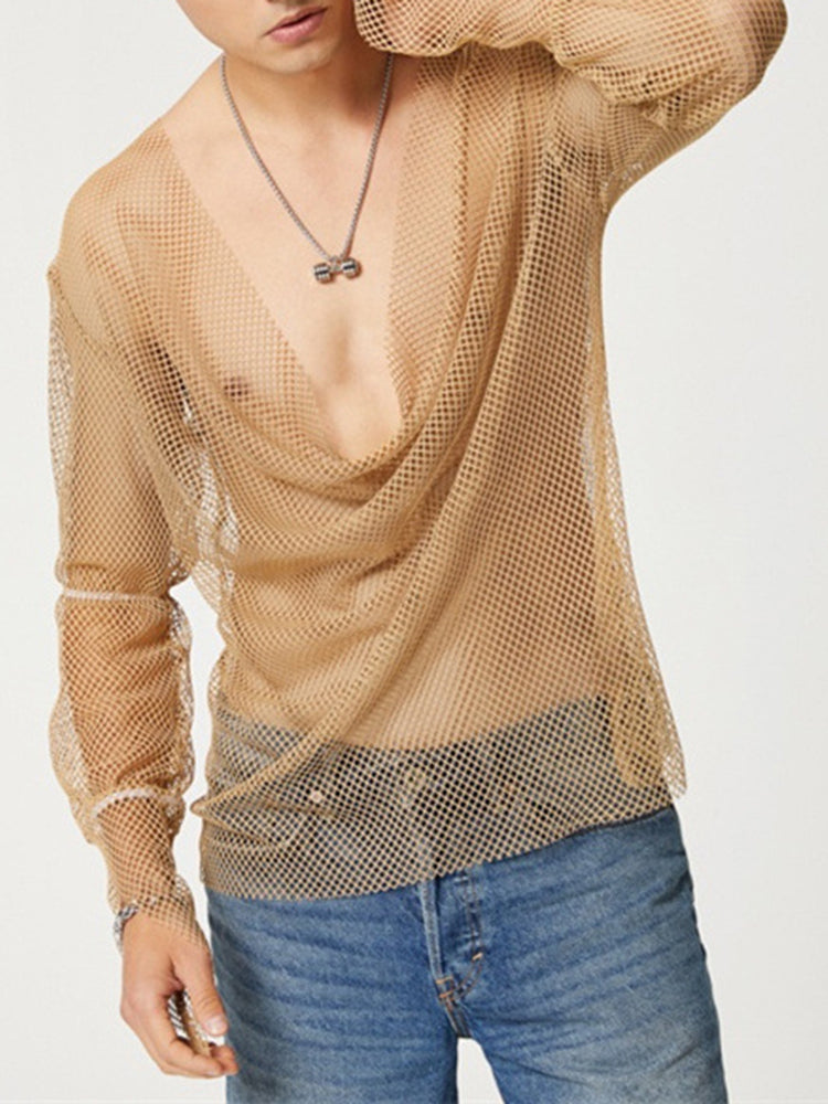 Mens Nightclub Sexy Mesh Long Sleeve Top