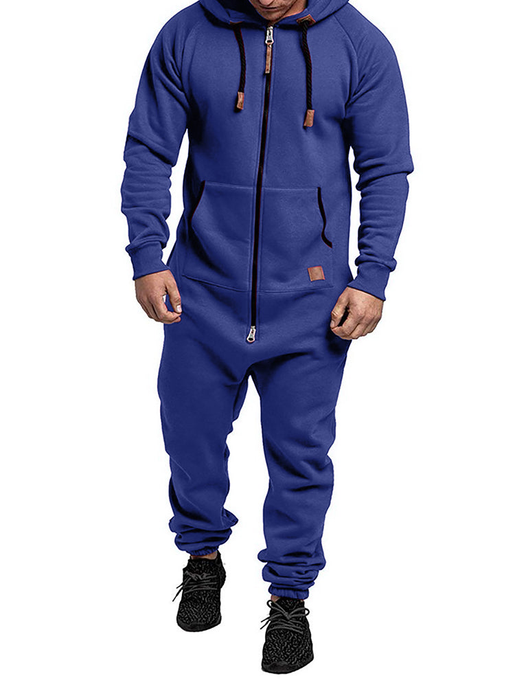 Comprar blue Mens Velvet Thickened Casual Hooded Jumpsuit