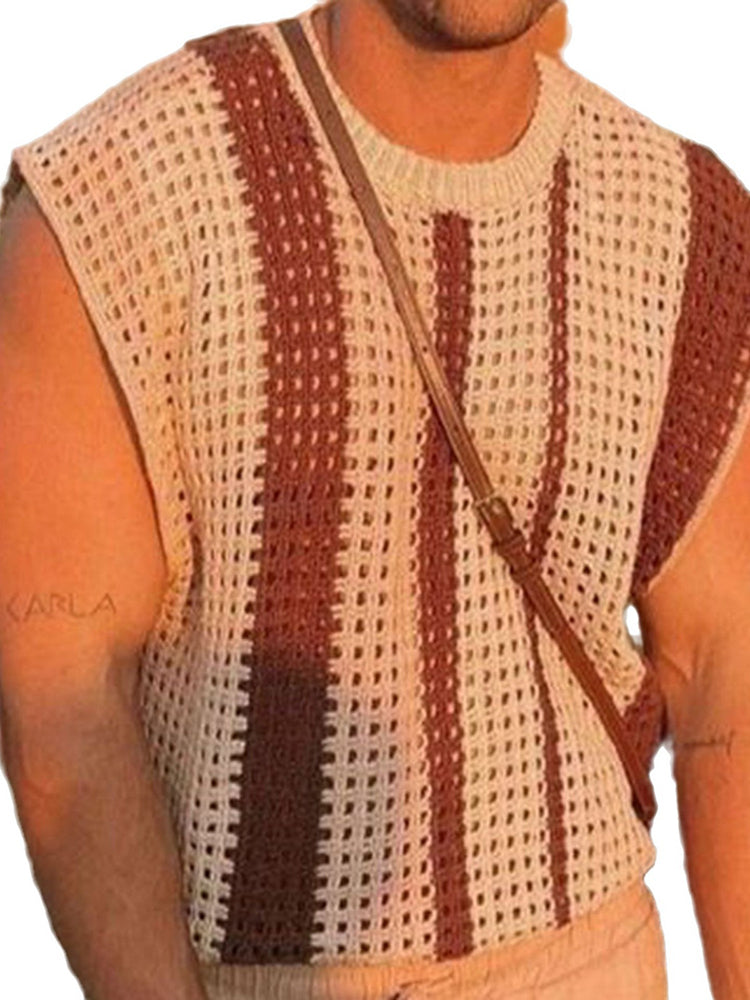 Mens Genderless Striped Hollow Out Knitted Tank Top