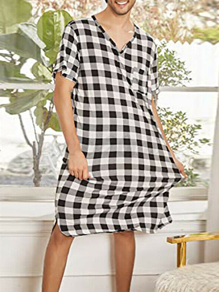 Mens Casual Home Plaid Nightgown