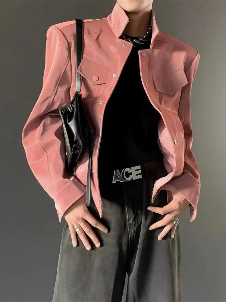 Comprar pink Mens Y2K Glossy Shoulder Pad Metallic Jacket