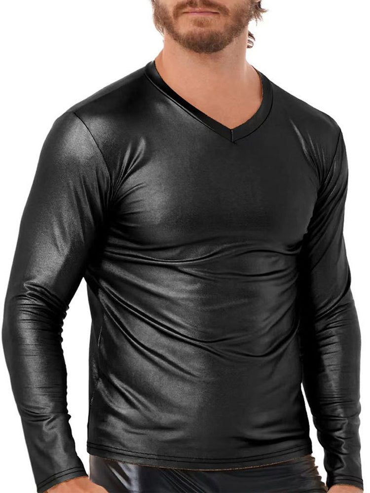 Mens Stretch Slim Fit PU Leather T-Shirt