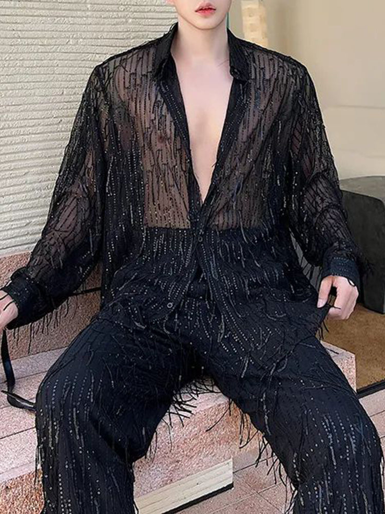 Men Tassel See-Through Sexy Sequined Long-Sleeve Shirt