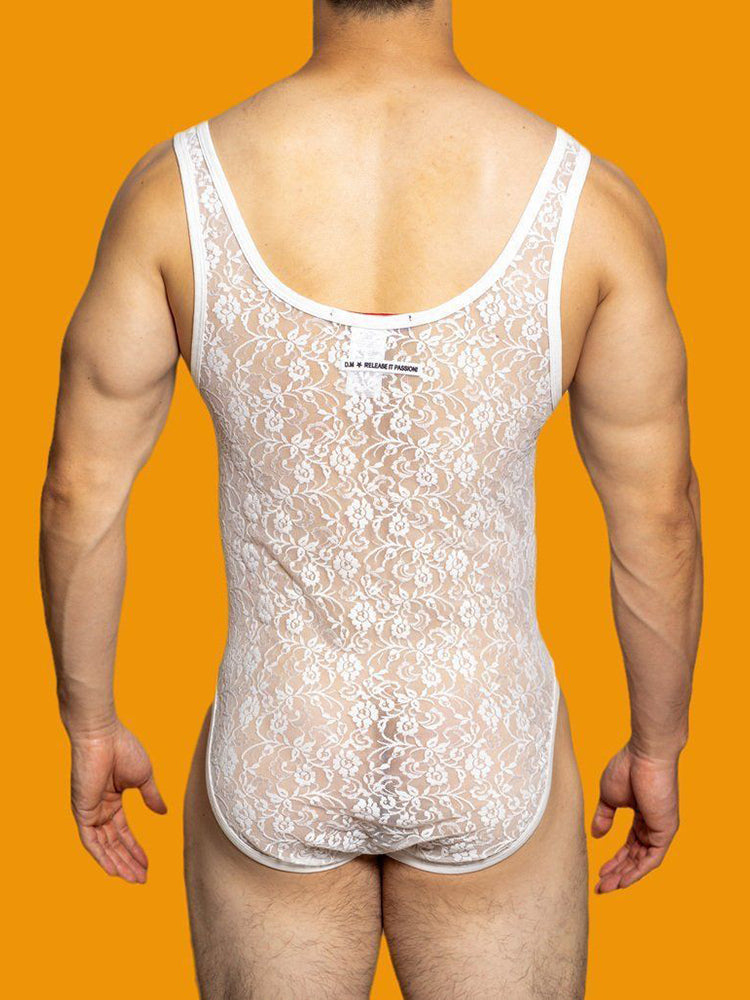 Mens Body Sexy Tight Lace See-Through Triangle Jumpsuit