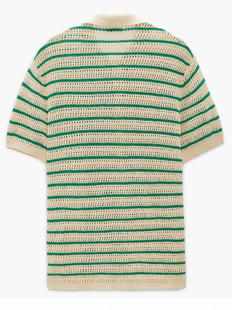 Mens Unisex Striped Knitted Hollow Polo Shirt