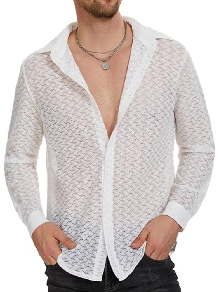 Mens Sexy See-Through Casual Long-Sleeved Shirt