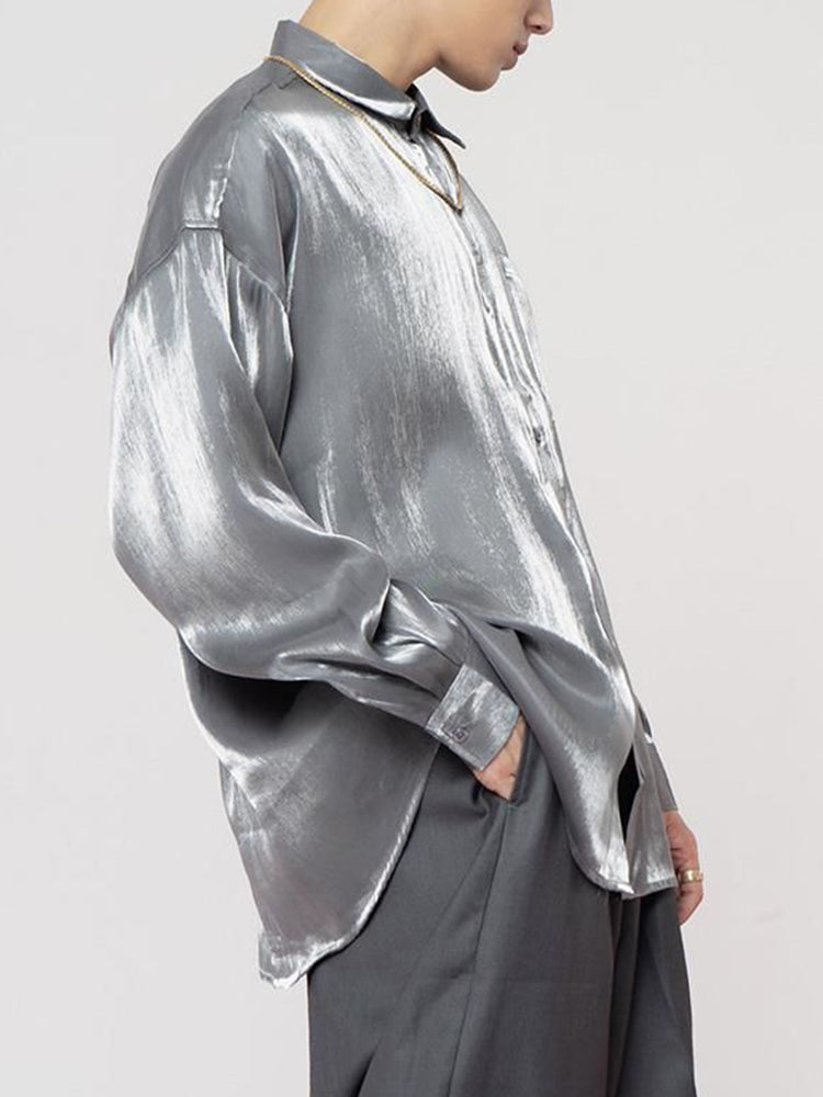 Mens Ice Silk Satin Long Sleeve Shirt