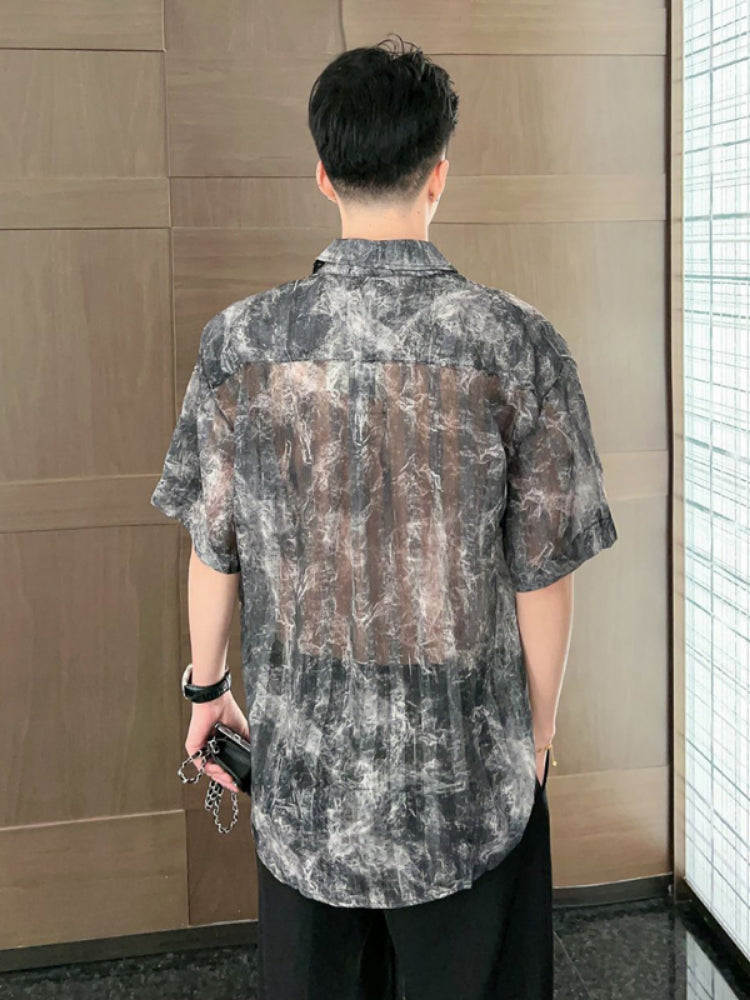 Men Striped See-Through Tie-Dye Mesh Short-Sleeve Casual Shirt