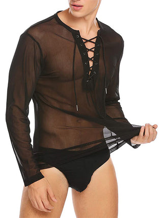 Mens Sexy See-Through Mesh Lace-Up Long-Sleeved T-Shirt