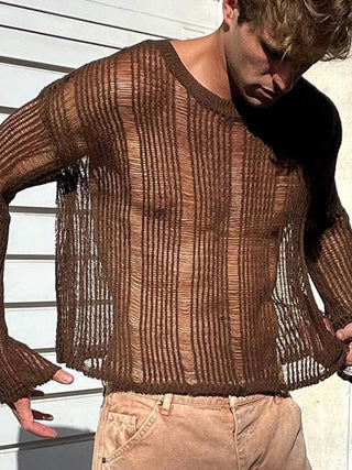 Mens Sexy See Through Mesh Long Sleeve Knitted T-Shirt