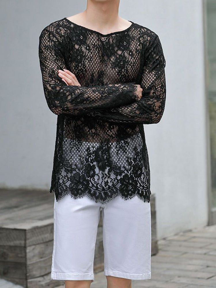 Men's solid color hollow see through sexy lace T-shirt