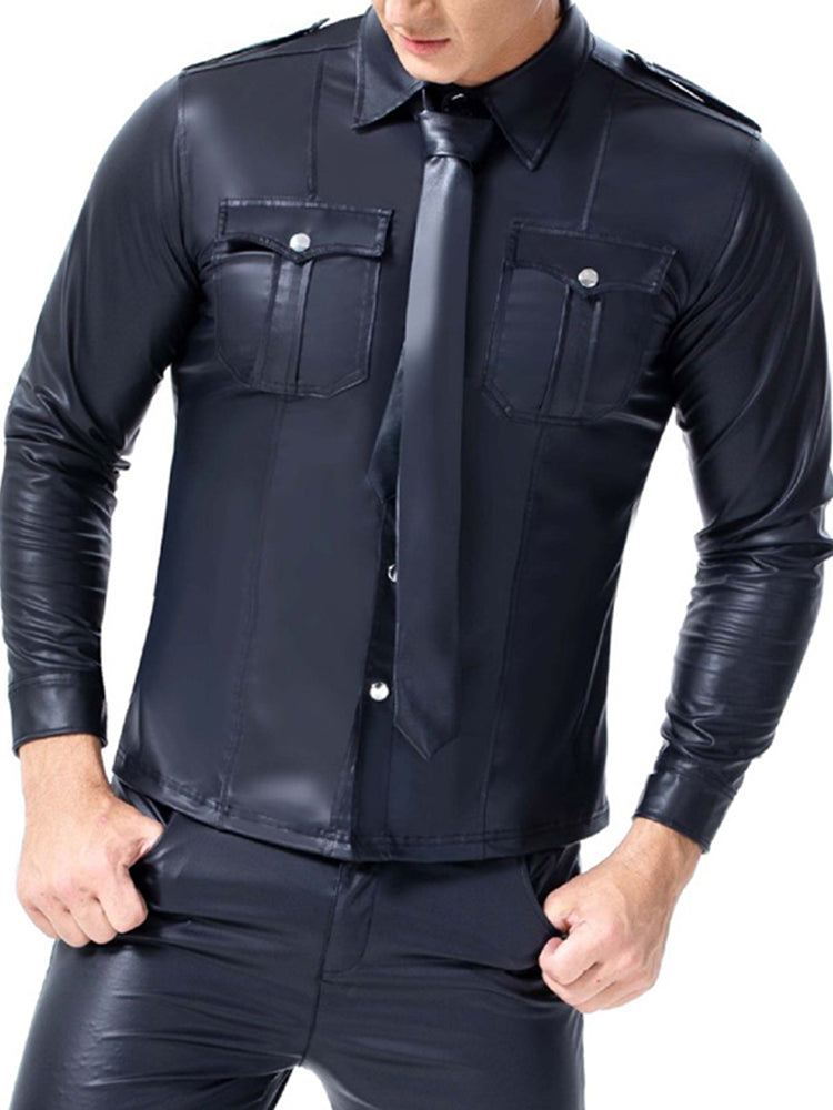 Mens Pocket Leather Long Sleeved Shirt