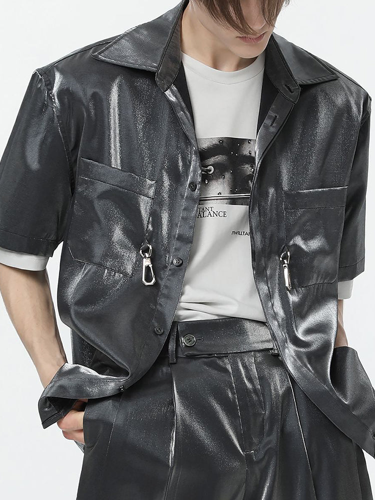 Mens Metal Button Loose Satin Shirt