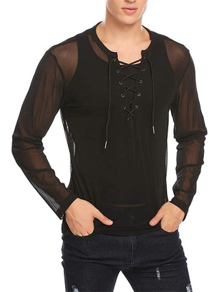 Buy black Mens Sexy See-Through Mesh Lace-Up Long-Sleeved T-Shirt