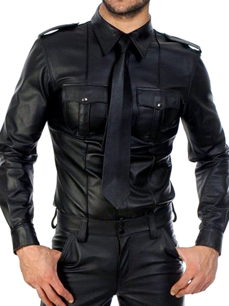 Mens Pocket Leather Long Sleeved Shirt