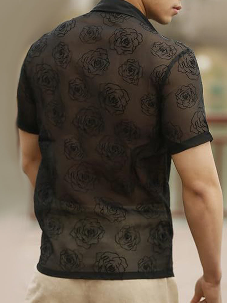 Mens Sexy See-Through Lace Rose Short-Sleeved Shirt