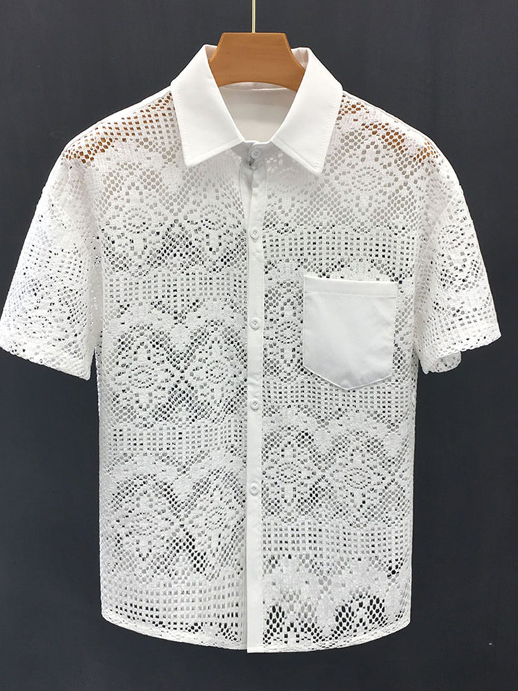 Mens Hollow Sexy Lace Short  See-Through  Shirt