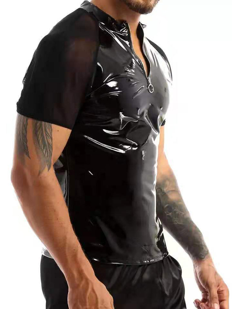 Men's Sexy Glossy PVC Leather See-Through Shirt