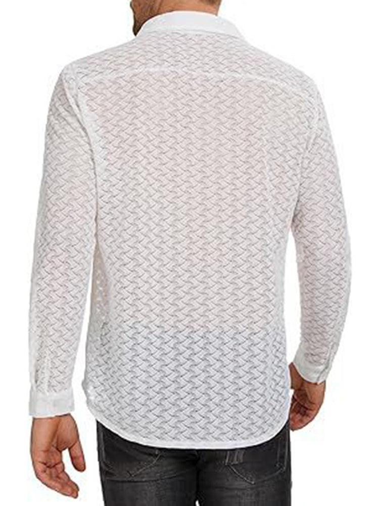 Mens Sexy See-Through Casual Long-Sleeved Shirt