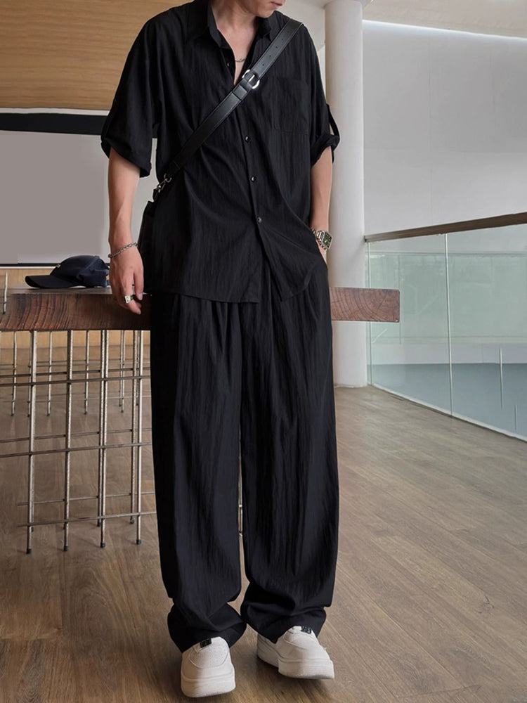 Mens Casual Light Shirt Wide Leg Pants 2024 New Genderless Two-Piece Unisex