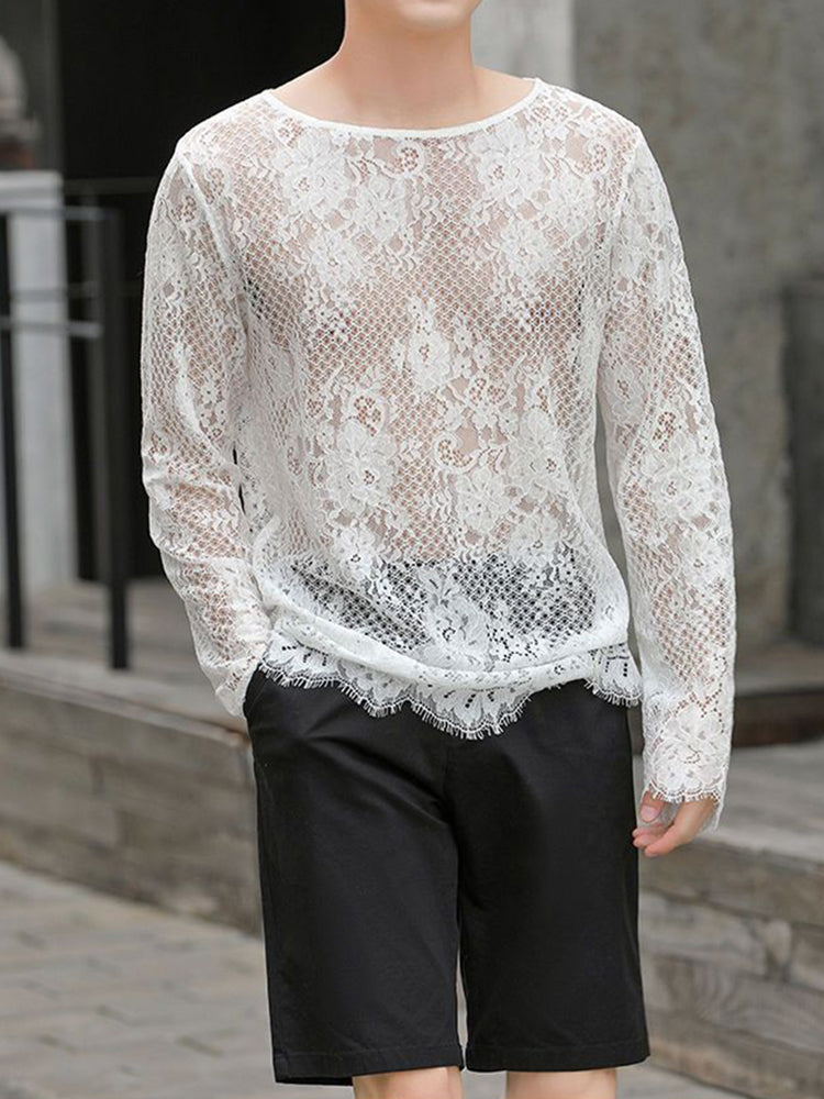 Comprar white Men&#39;s solid color hollow see through sexy lace T-shirt