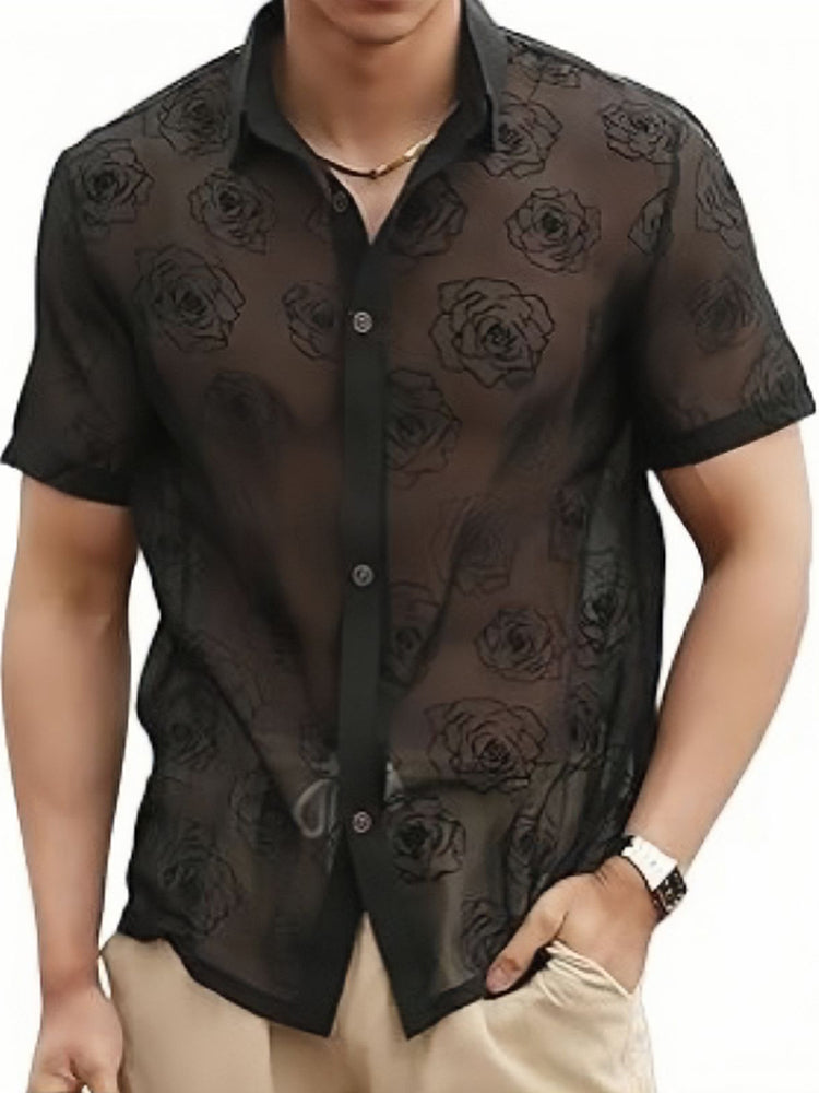 Mens Sexy See-Through Lace Rose Short-Sleeved Shirt