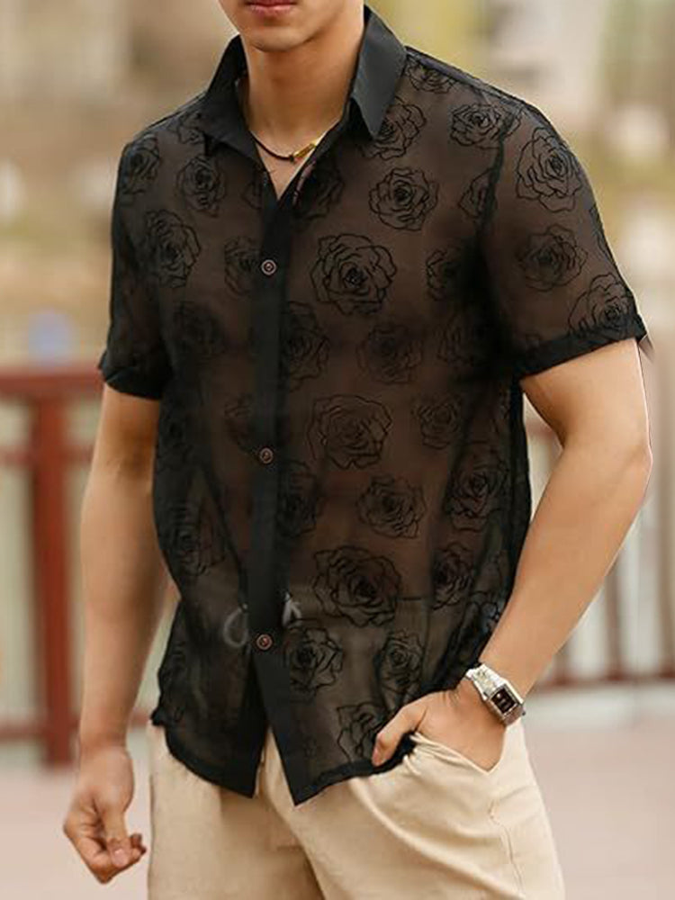 Mens Sexy See-Through Lace Rose Short-Sleeved Shirt