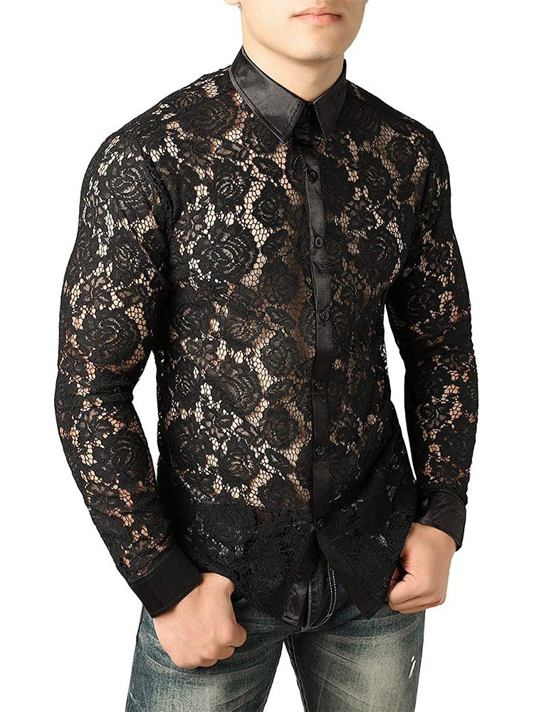 Comprar black Mens Sexy Lace Long Sleeved Shirt