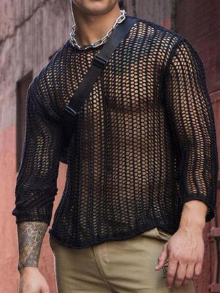 Men's hollow fashion sexy mesh see-through T-shirt
