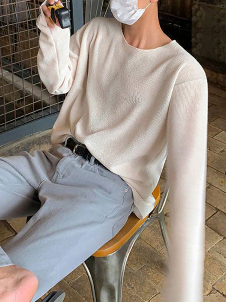 Men Gender-free Solid Color Knitted Long-sleeved Shirt