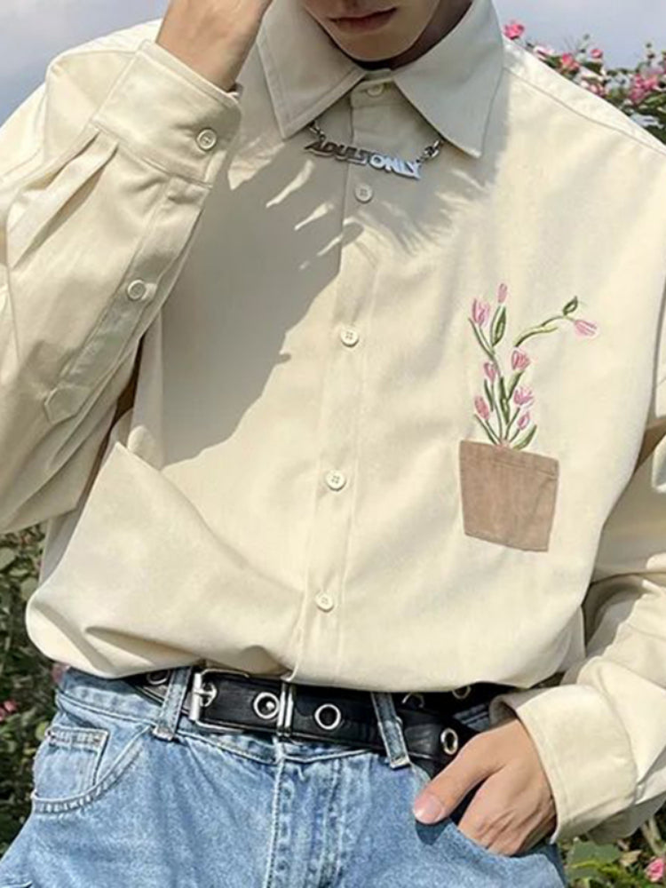 Mens Corduroy Floral Embroidered Long-Sleeved Shirt 2024 New