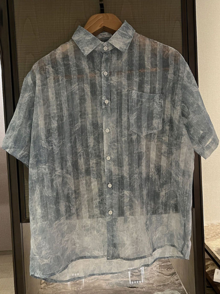 Men Striped See-Through Tie-Dye Mesh Short-Sleeve Casual Shirt