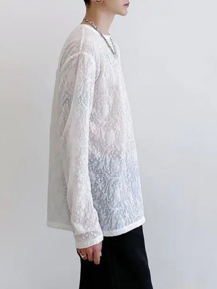 Mens Sexy See-Through Lace Floral Long-Sleeved Top 2024