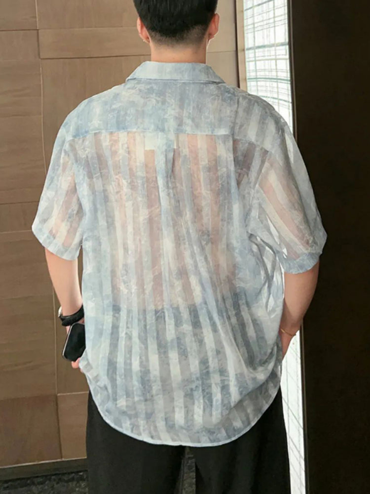 Men Striped See-Through Tie-Dye Mesh Short-Sleeve Casual Shirt